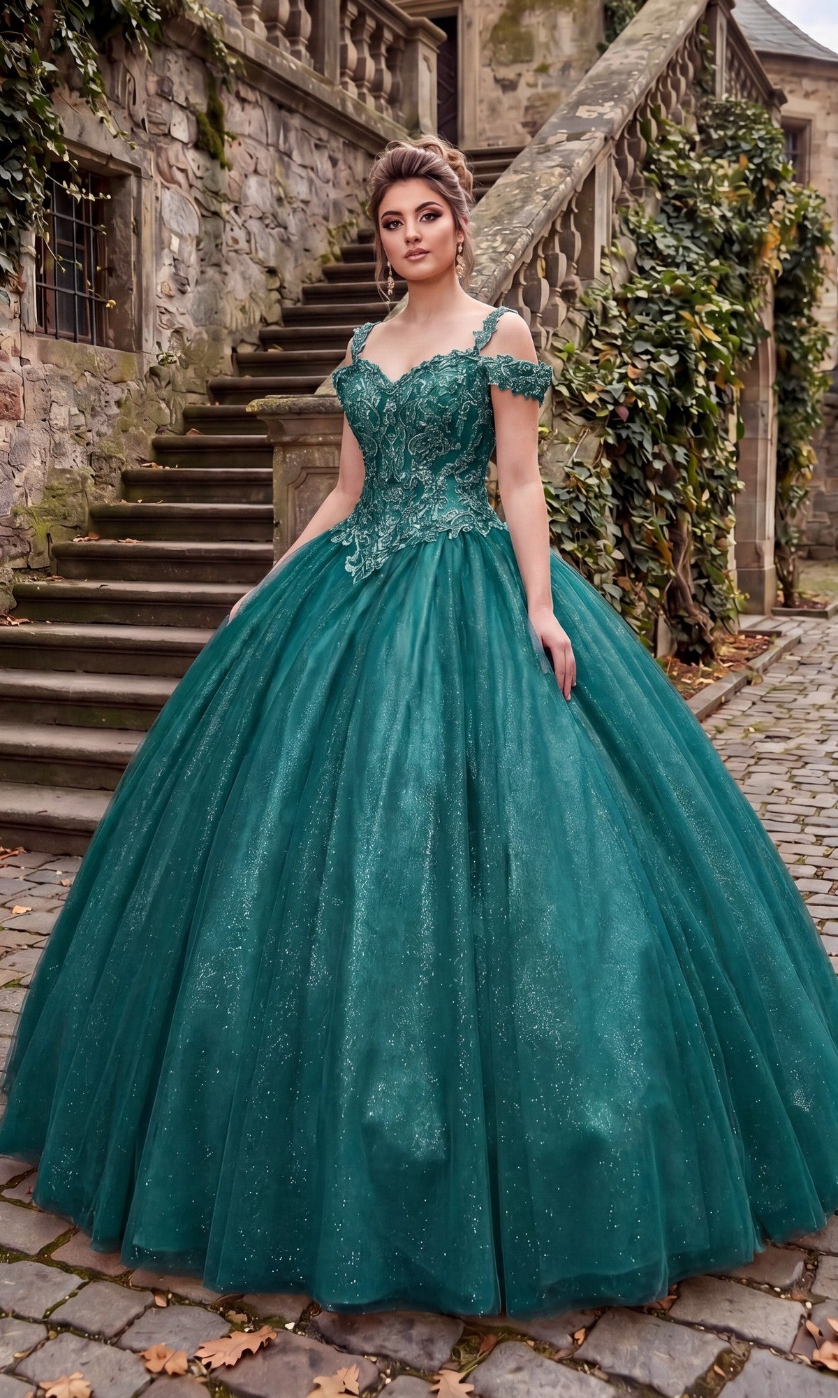 Wearing the Quinceanera Dress: Chicas C1535 in green, a woman stands on a cobblestone path near stone stairs and ivy-covered walls.
